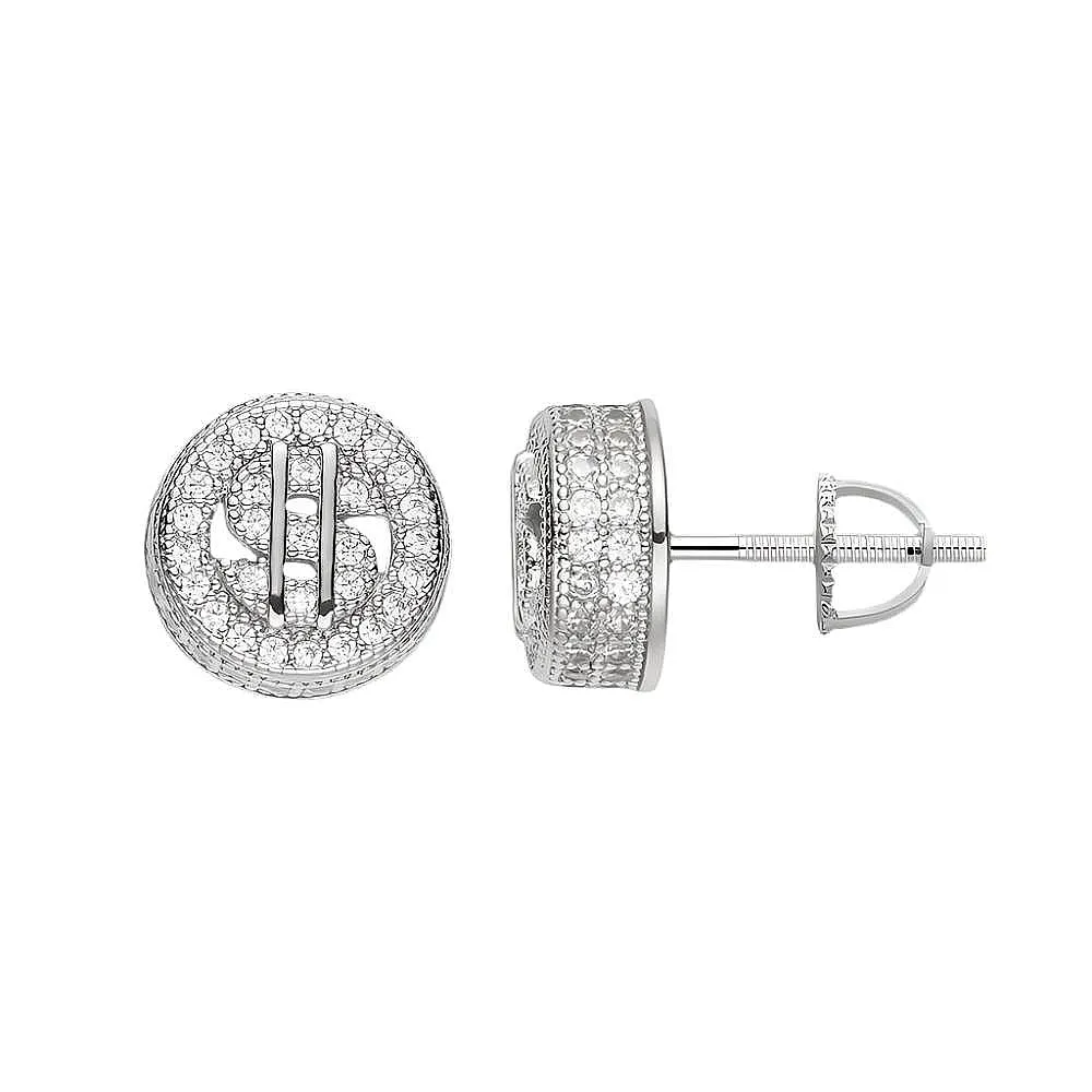 $ Dollar Sign Money Screw Silver Lab-Created Moissanite Earrings - M205749