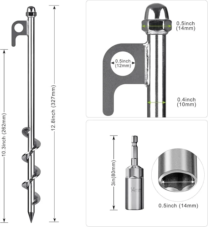 12 Inch Ground Anchors, 8 Pcs Heavy Duty Tent Stakes, Easy to Install and Reusable, for Camping Tents, Trampolines, Sheds, Swing Sets, Securing Animals