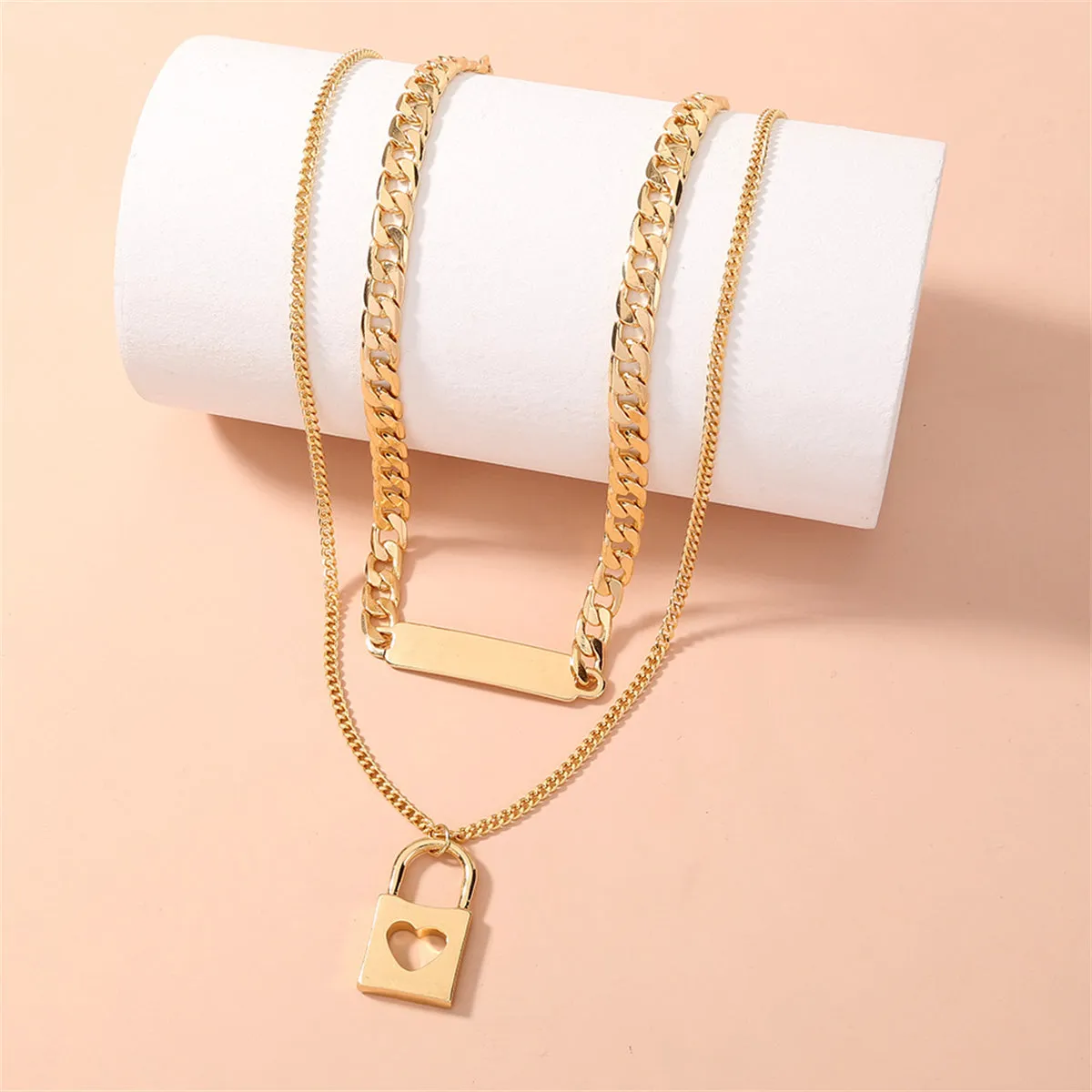 18K Gold-Plated Bar & Heart Lock Necklace Set