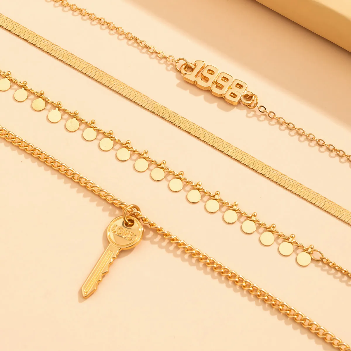 18K Gold-Plated 'Love 1998' Key Snake Chain Pendant Necklace Set