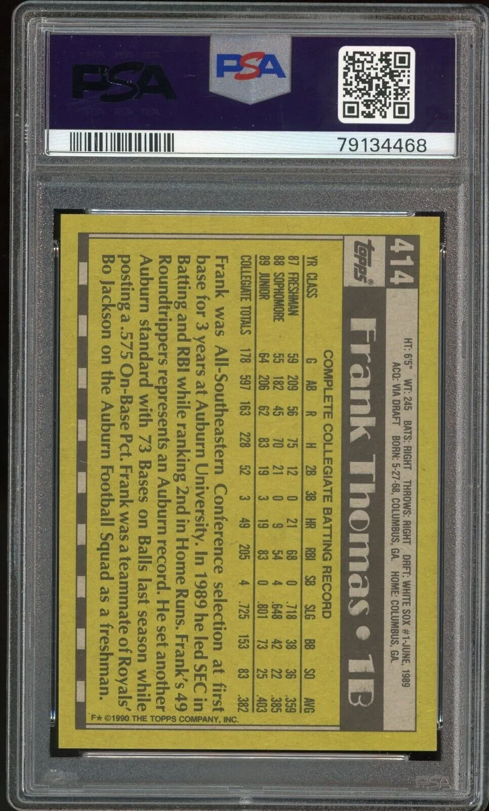 1990 Topps #414 Frank Thomas RC Rookie On Card PSA/DNA 9/10 Auto MINT