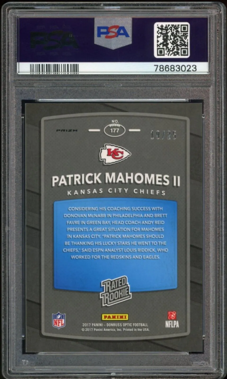 2017 Donruss Optic Rated Rookie Black Holo /25 #177 Patrick Mahomes PSA 9 MINT