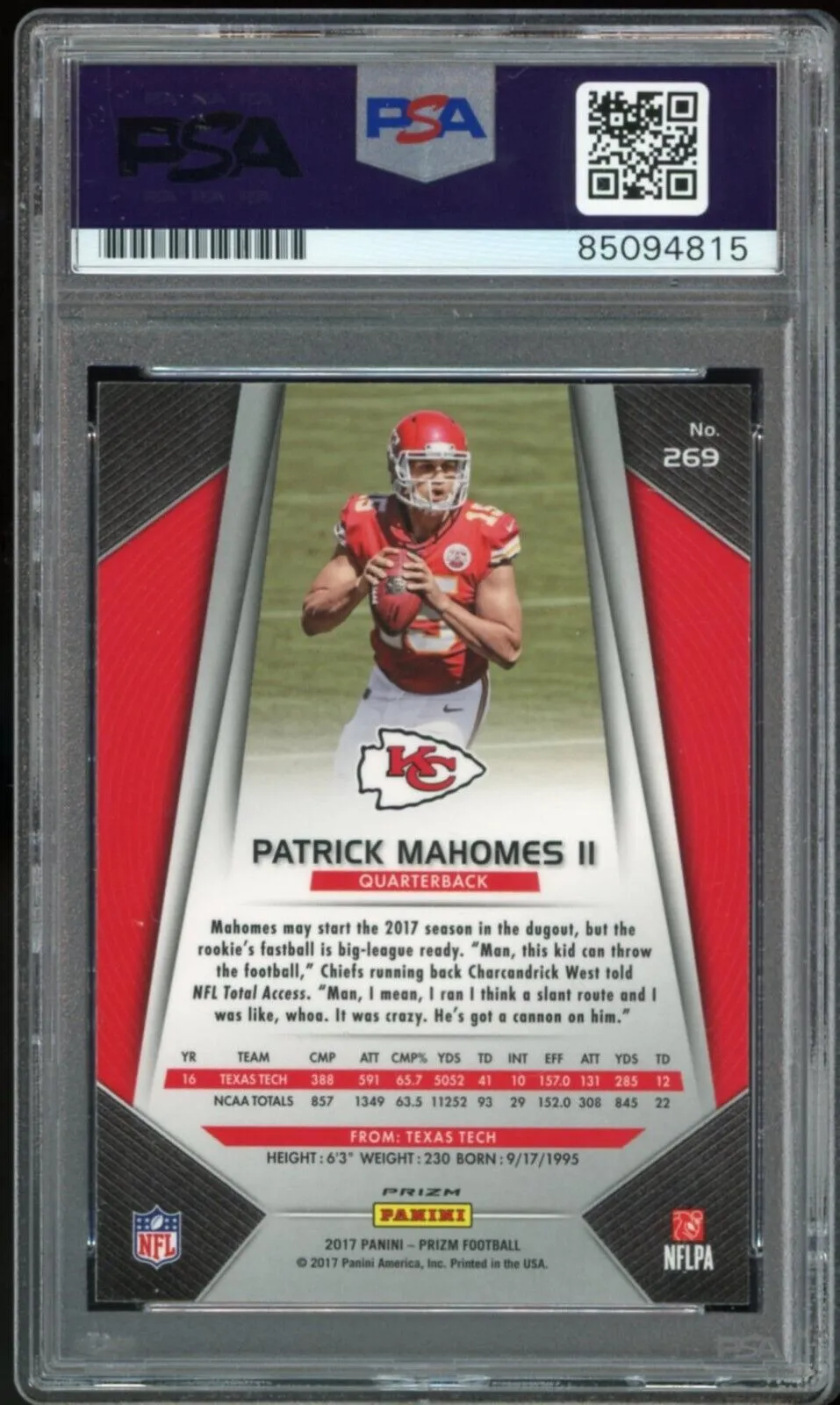2017 Panini Prizm Silver #269 Patrick Mahomes RC Red PSA/DNA Auto GEM MINT 10