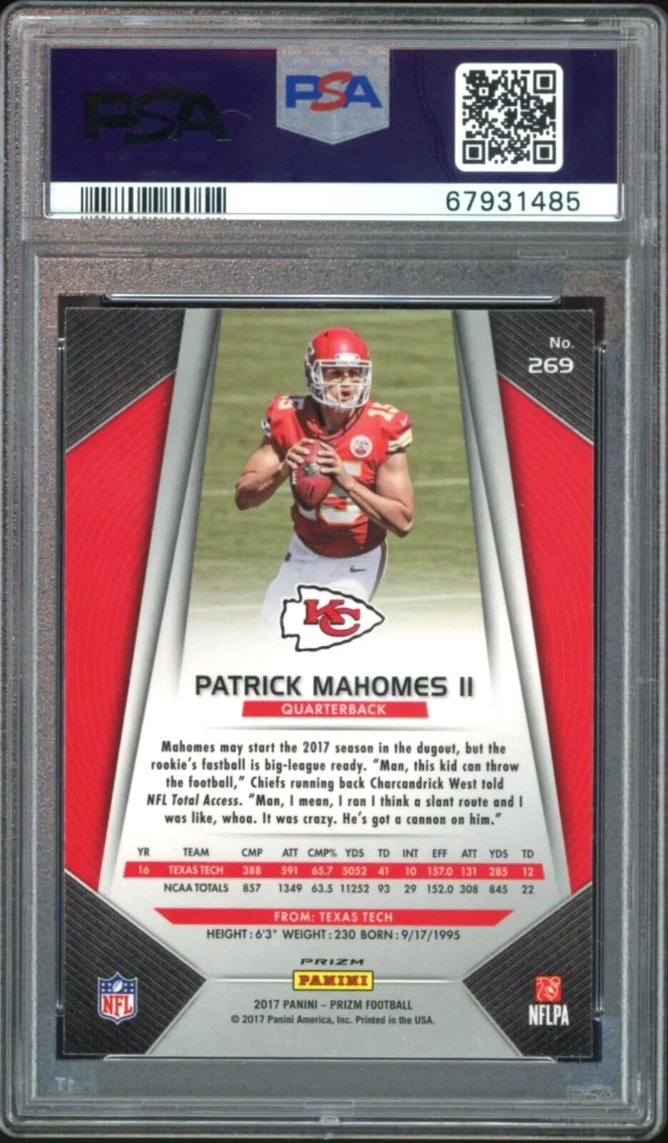 2017 Panini Prizm Silver # 296 Patrick Mahomes RC Rookie Red Ink PSA 9/10 Auto