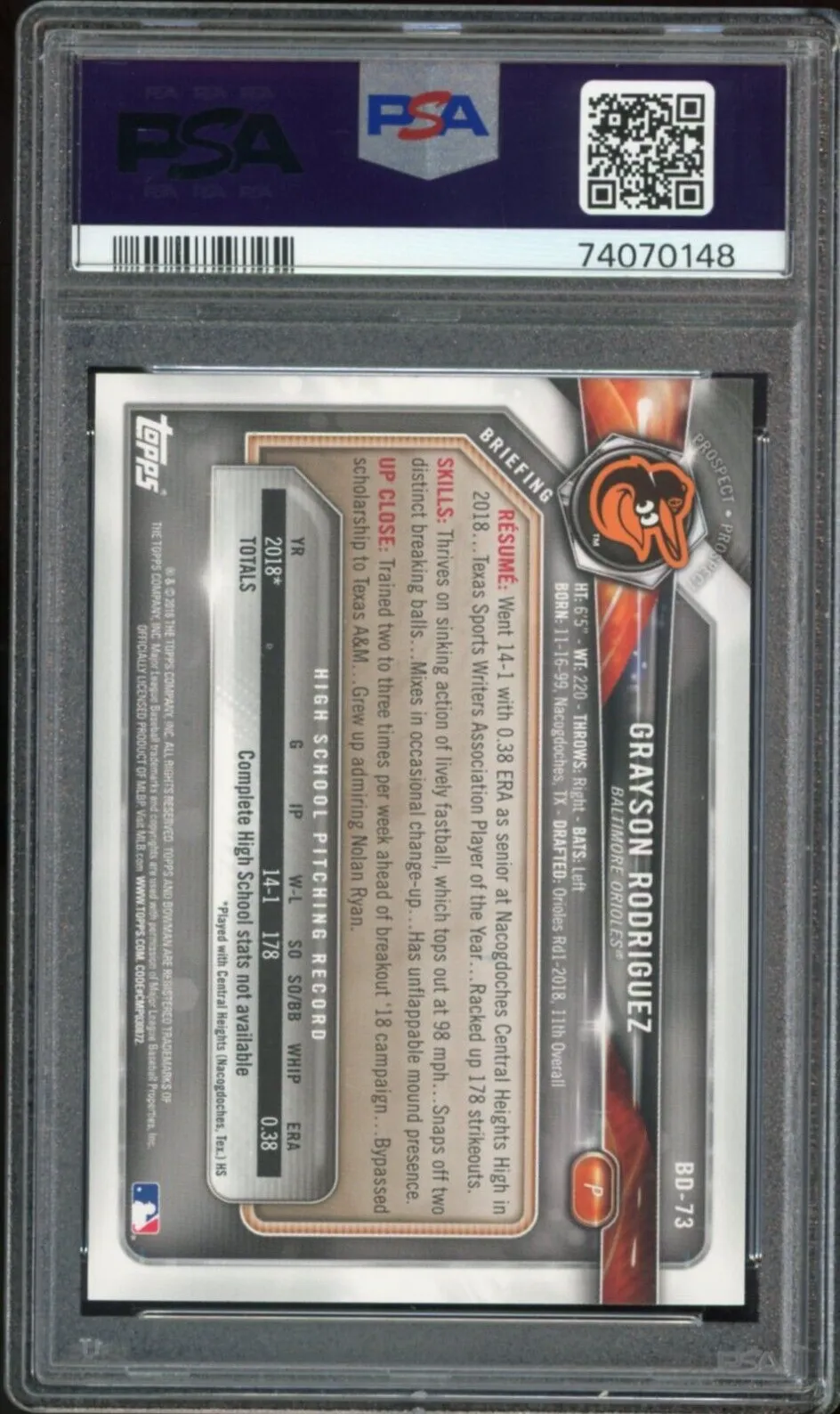 2018 Bowman Draft #BDC73 Grayson Rodriguez RC Rookie PSA 10/10 Auto GEM MINT