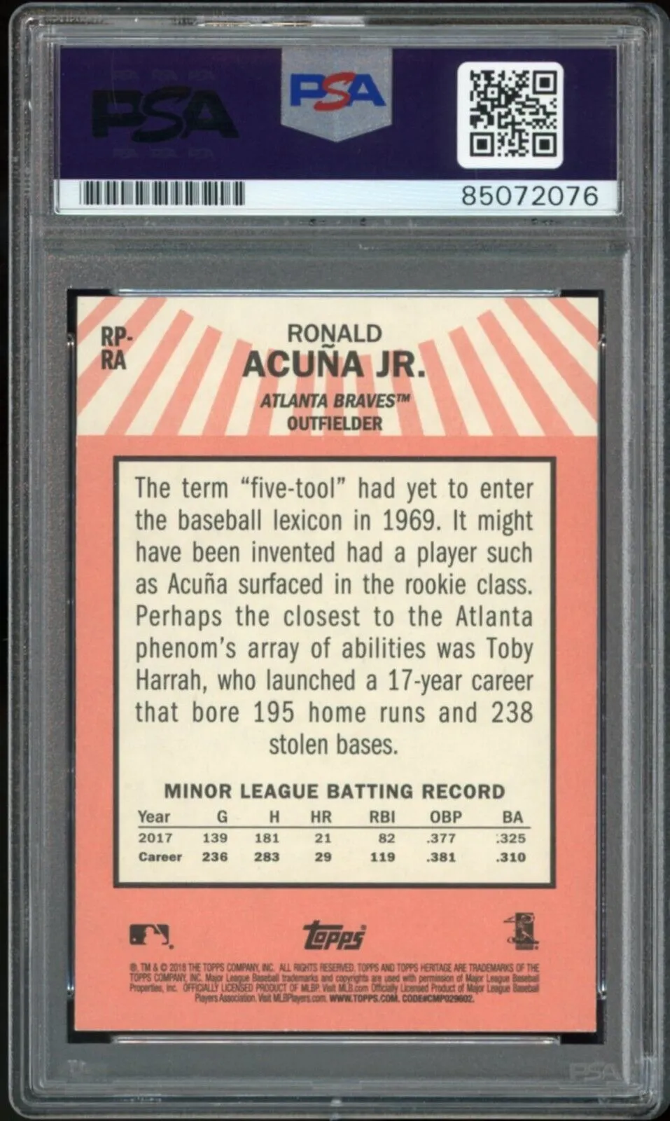 2018 Topps Heritage #RP-RA Ronald Acuna Jr. RC On Card PSA/DNA Auto GEM MINT 10