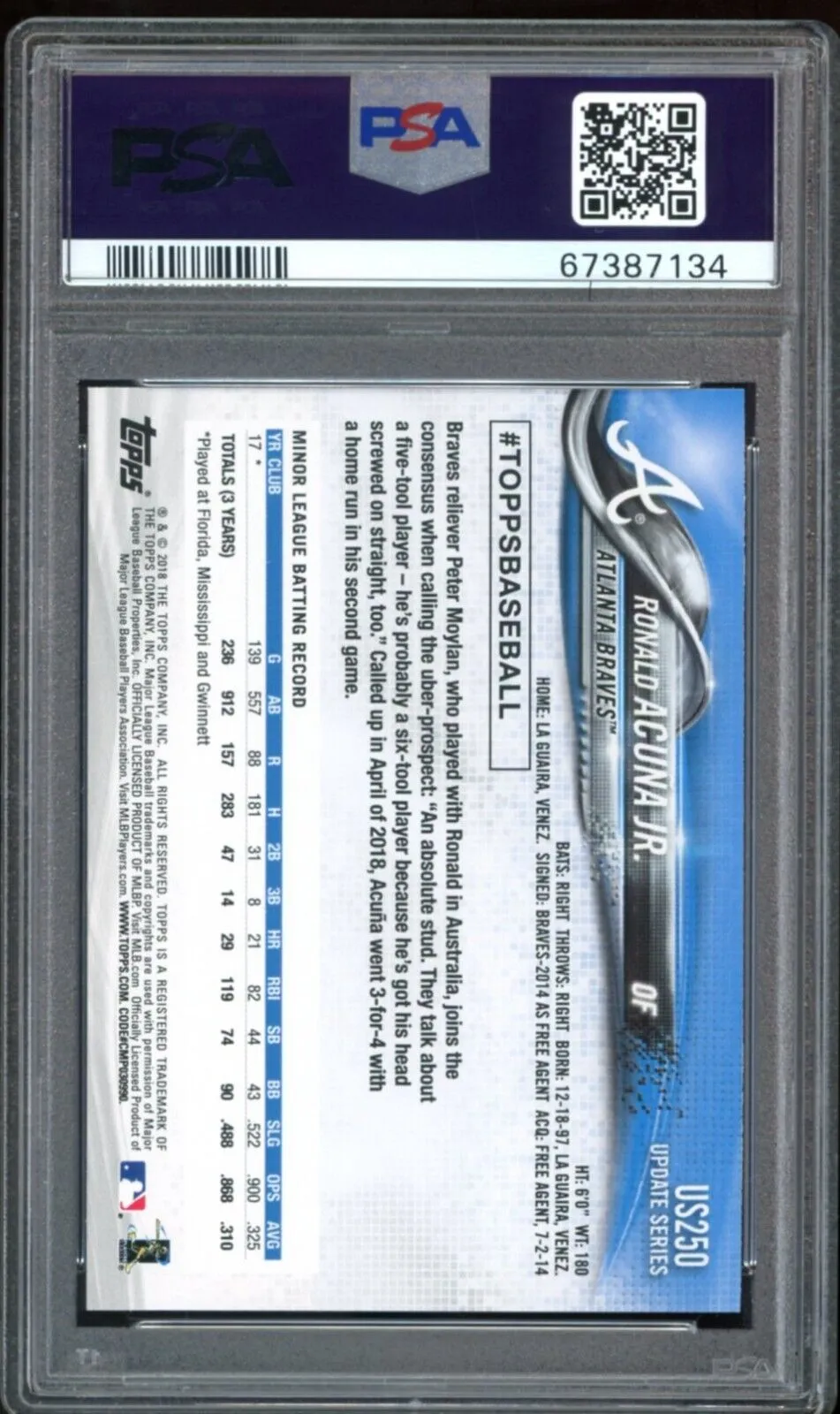 2018 Topps Update #US250 Ronald Acuna Jr. Rookie RC Braves PSA 10 GEM MINT