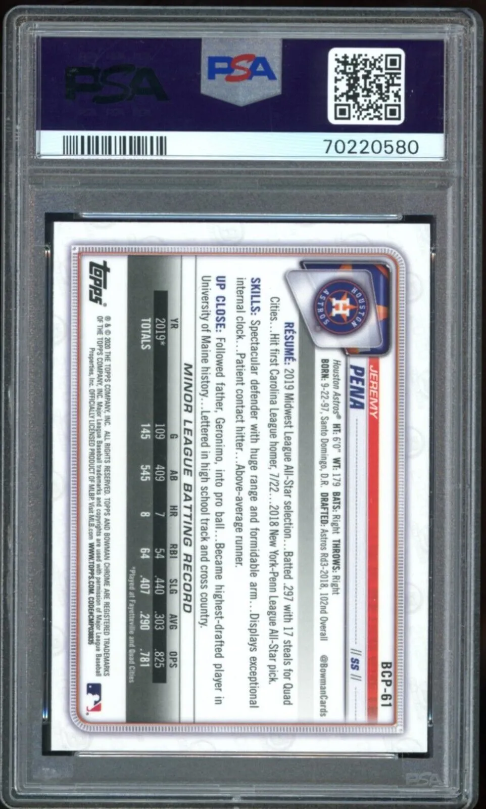 2020 Bowman Chrome Mega Mojo Jeremy Peña RC On Card PSA 10/10 Auto GEM MINT Pena