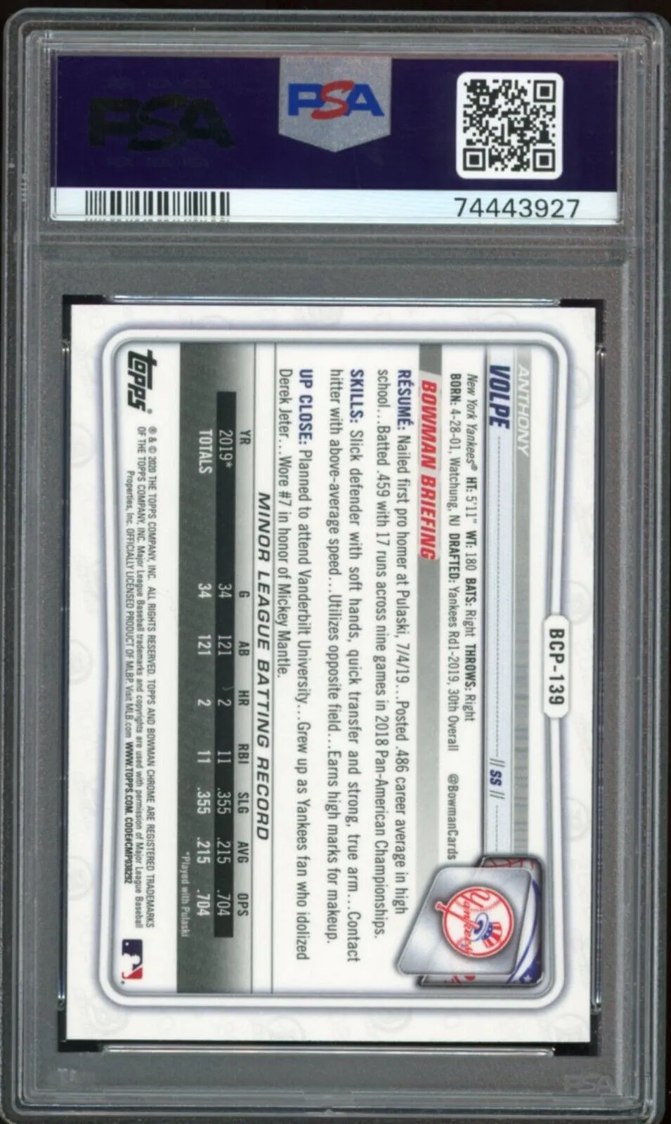 2020 Bowman Chrome  Prospects #BCP139 Anthony Volpe RC Yankees PSA 10 GEM MINT