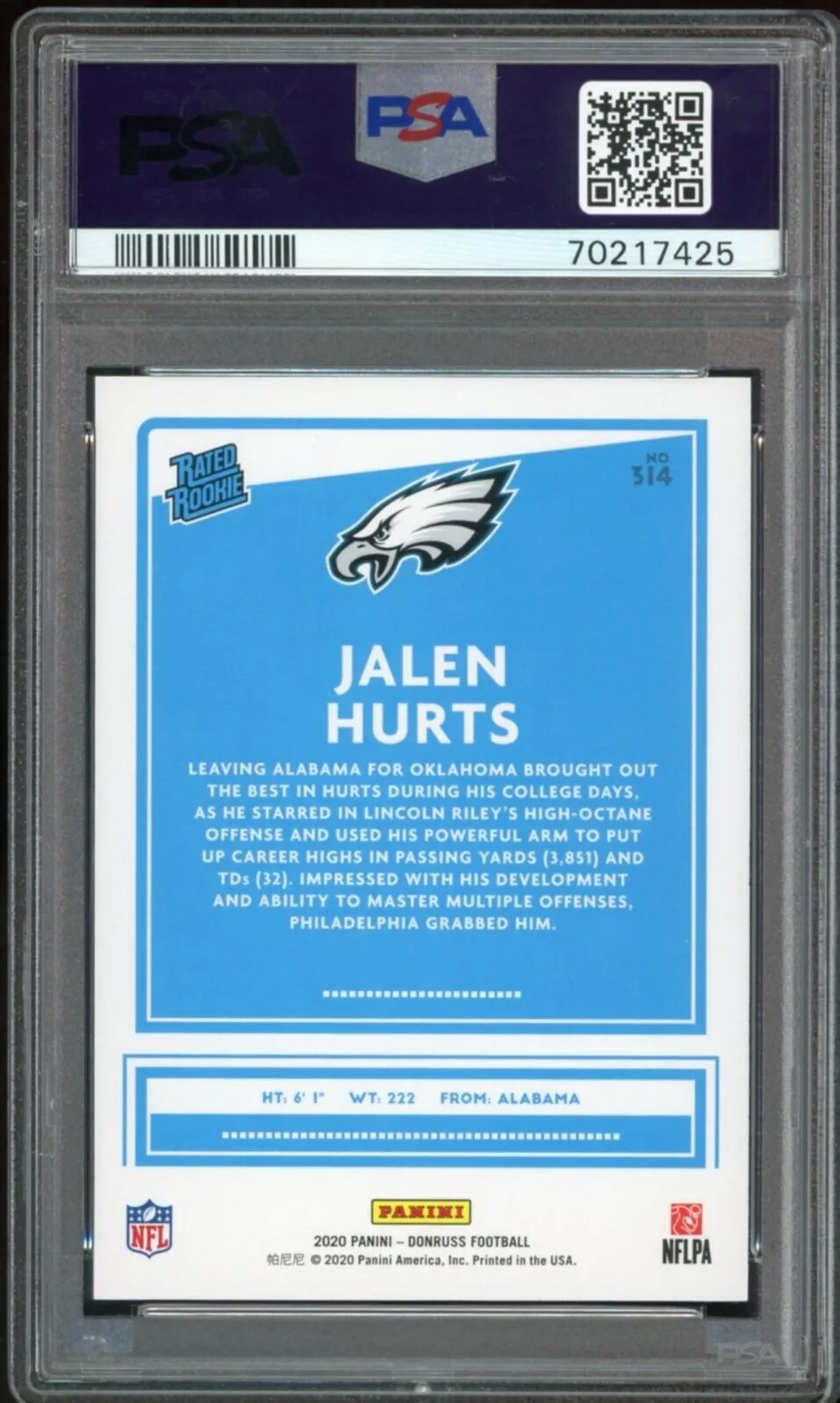 2020 Donruss Rated Rookie Jalen Hurts On Card Green Ink PSA 10/10 Auto GEM MINT