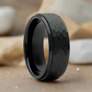 AEROBITS | Black Tungsten Ring, Hammered, Stepped Edge