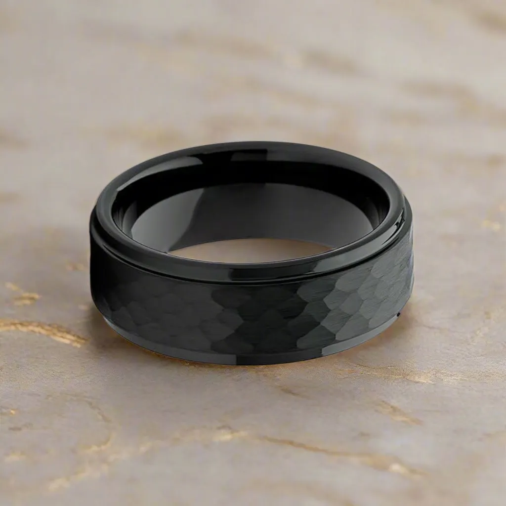 AEROBITS | Black Tungsten Ring, Hammered, Stepped Edge