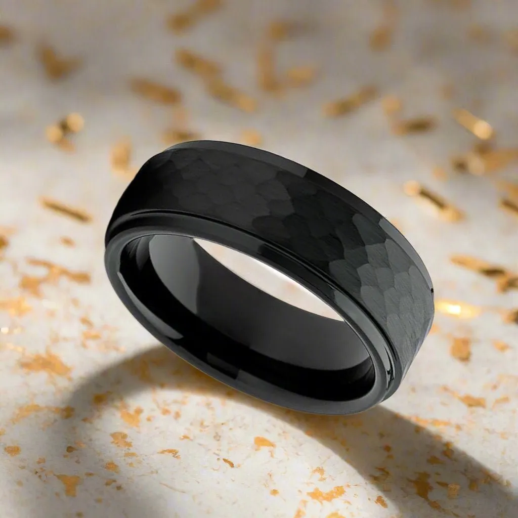 AEROBITS | Black Tungsten Ring, Hammered, Stepped Edge