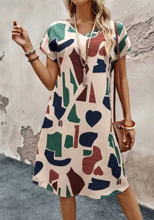Artistic Abstract Print Short Sleeve Casual Dress for Effortless Style