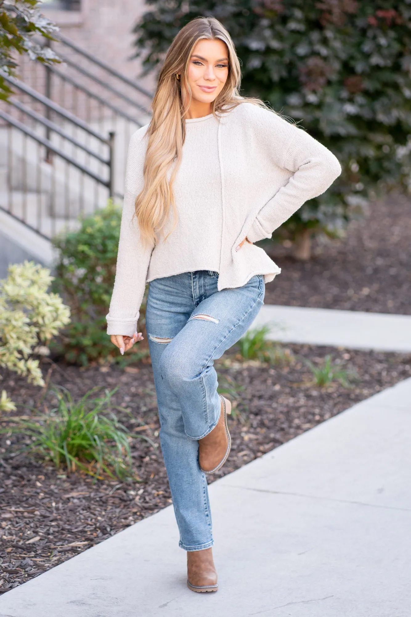 Asymmetric Hem Drop Shoulder Sweater
