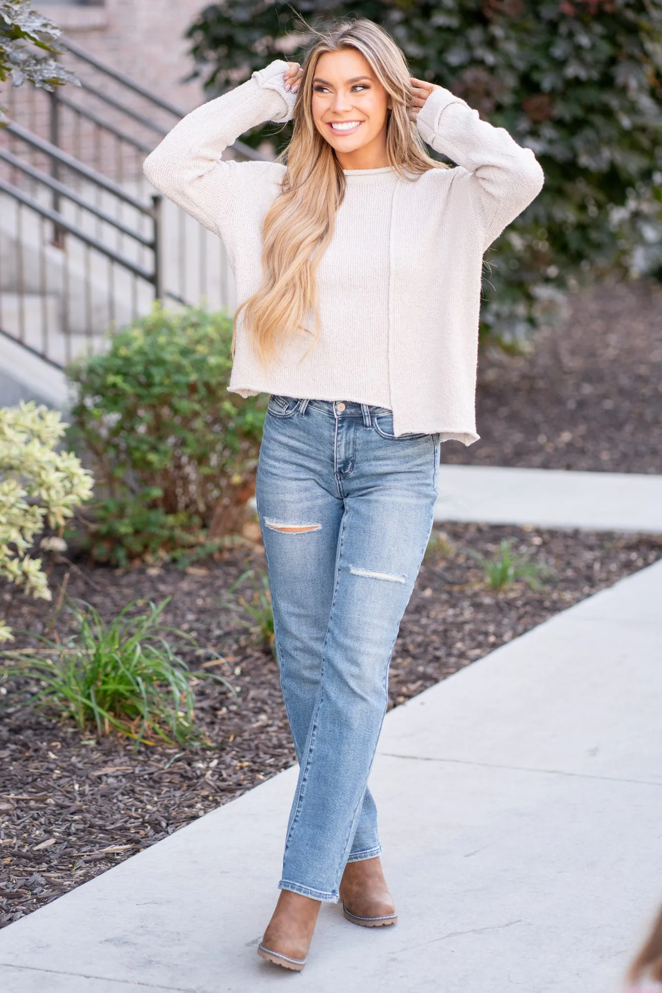 Asymmetric Hem Drop Shoulder Sweater