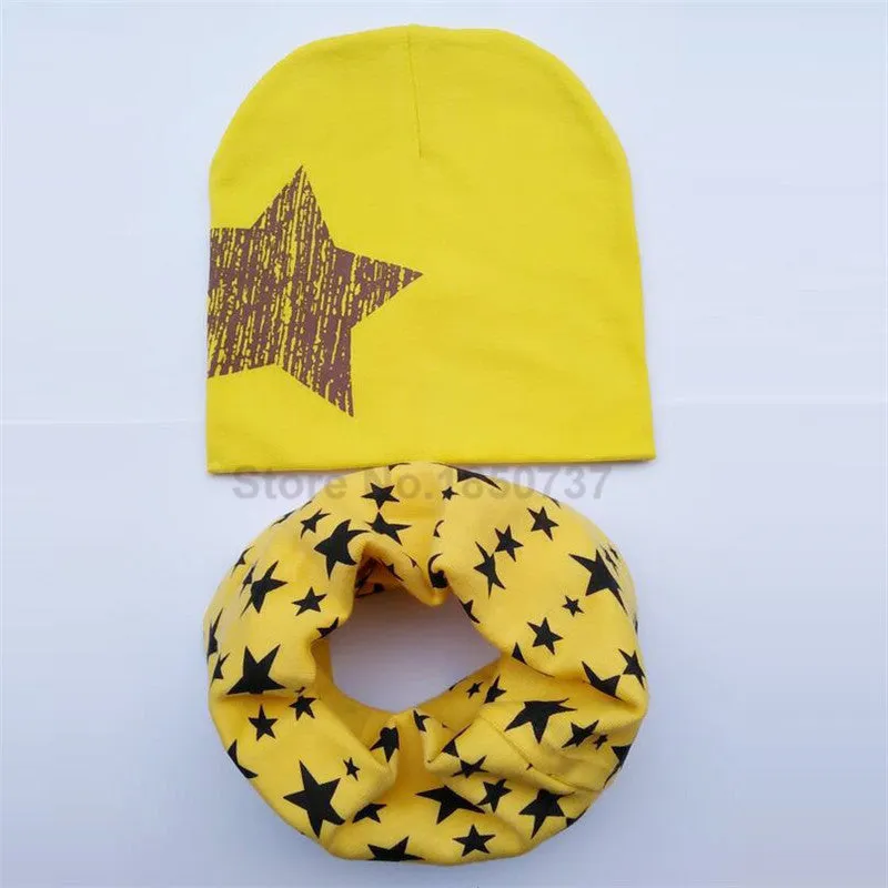 Baby hat scarf Kids Hat Autumn Winter Children scarf-collar Boys Girls warm Beanies Star print Infant Hats baby cap