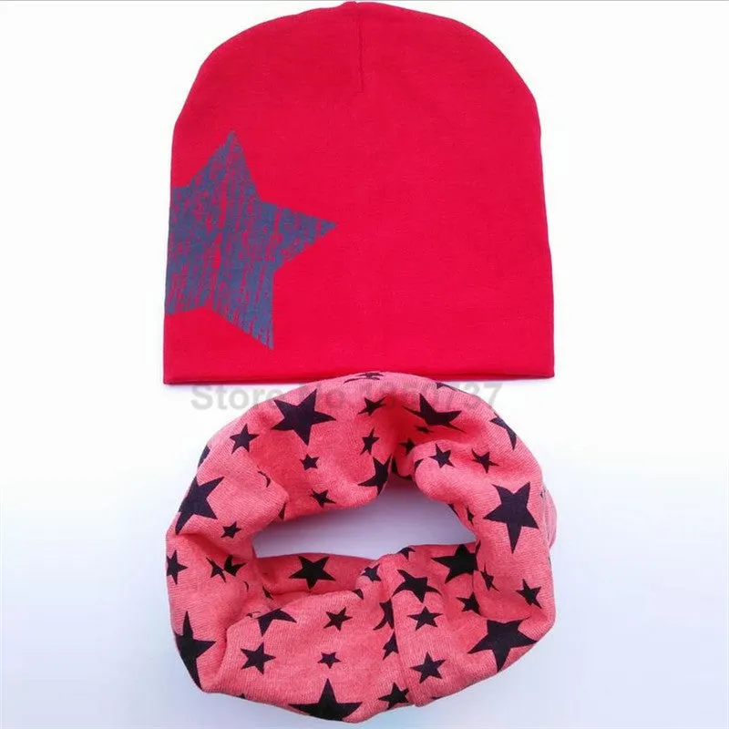 Baby hat scarf Kids Hat Autumn Winter Children scarf-collar Boys Girls warm Beanies Star print Infant Hats baby cap