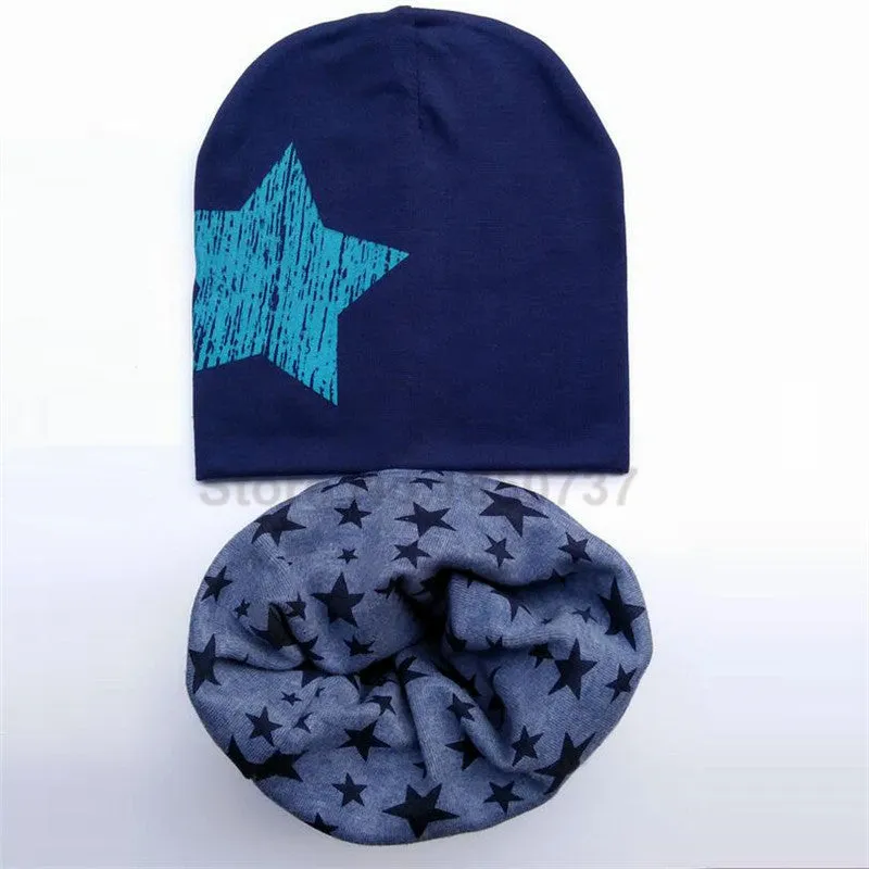 Baby hat scarf Kids Hat Autumn Winter Children scarf-collar Boys Girls warm Beanies Star print Infant Hats baby cap