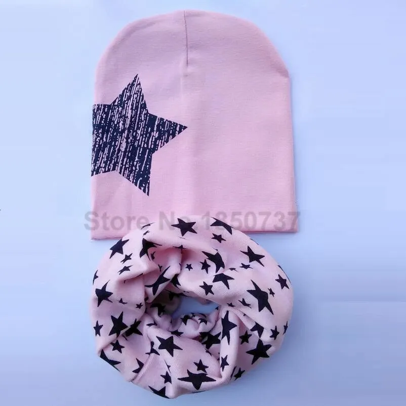 Baby hat scarf Kids Hat Autumn Winter Children scarf-collar Boys Girls warm Beanies Star print Infant Hats baby cap