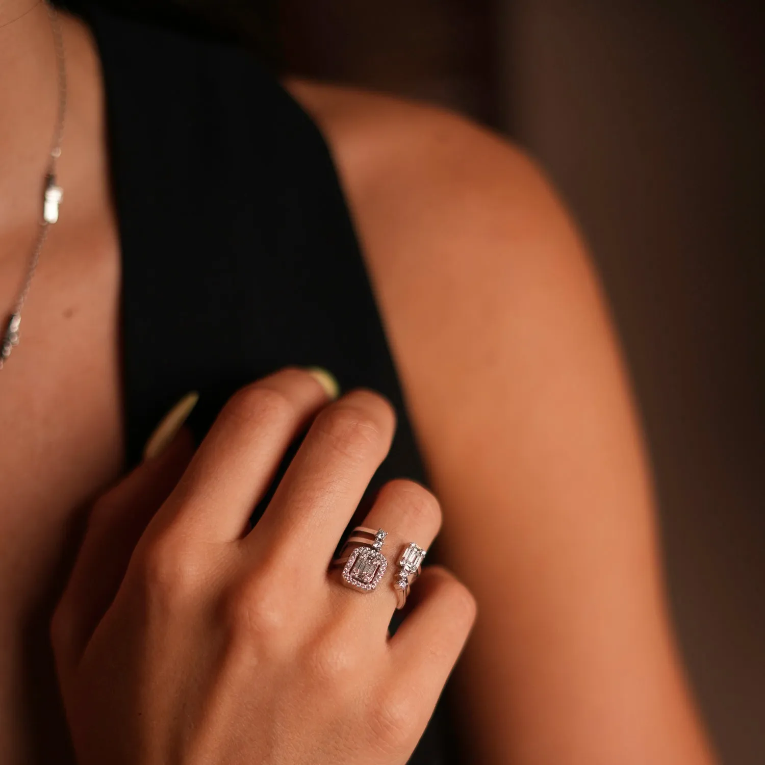 Baguette Diamond Adjustable Sterling Silver Fashion Ring