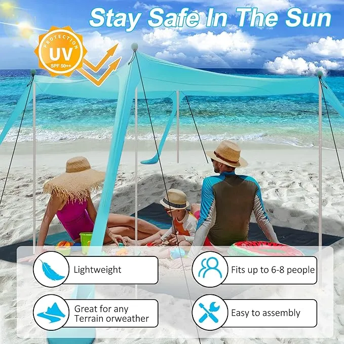 Beach Tent, Beach Canopy Tent Sun Shade with Beach Blanket, Beach Tent Sun Shelter 11x11 FT with UPF 50  UV Protection, Beach Sun Shade for Beach, Camping, Backyard and Picnics