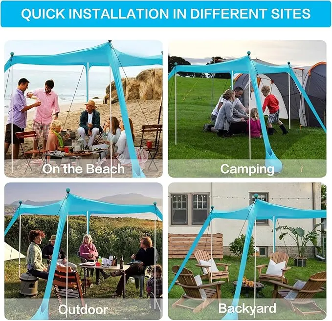 Beach Tent, Beach Canopy Tent Sun Shade with Beach Blanket, Beach Tent Sun Shelter 11x11 FT with UPF 50  UV Protection, Beach Sun Shade for Beach, Camping, Backyard and Picnics