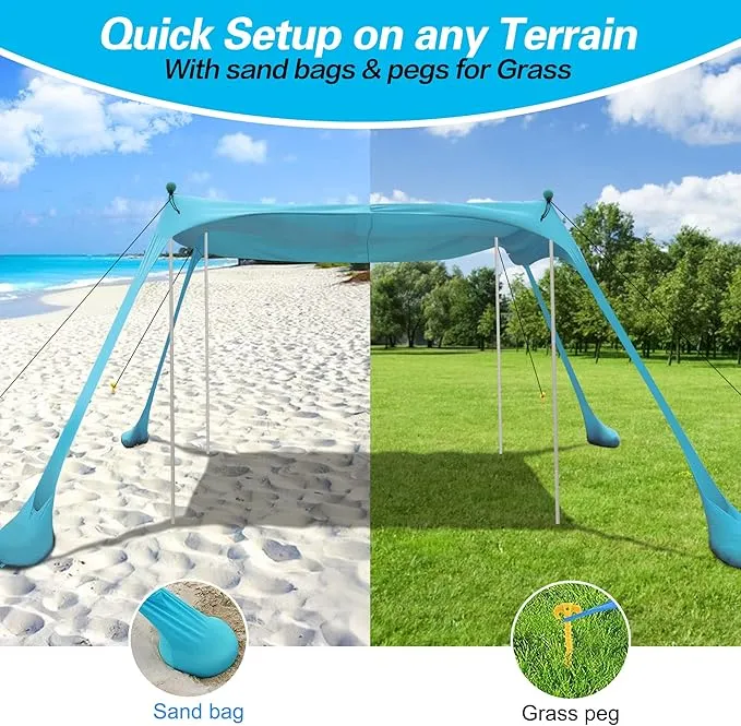 Beach Tent, Beach Canopy Tent Sun Shade with Beach Blanket, Beach Tent Sun Shelter 11x11 FT with UPF 50  UV Protection, Beach Sun Shade for Beach, Camping, Backyard and Picnics