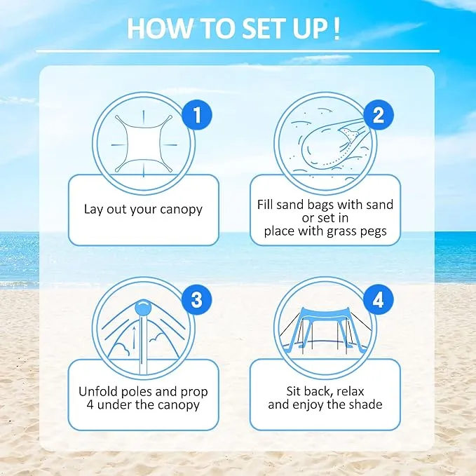 Beach Tent Sun Shelter with UPF 50  UV Protection, Beach Canopy Sun Shade 11x11 FT with Sandbags, Poles and Ground Pegs and Anti-Wind Ropes, Pop Up Tent for Camping, Backyard and Picnics