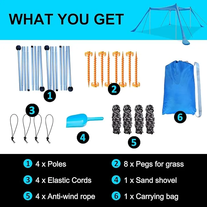 Beach Tent Sun Shelter with UPF 50  UV Protection, Beach Canopy Sun Shade 11x11 FT with Sandbags, Poles and Ground Pegs and Anti-Wind Ropes, Pop Up Tent for Camping, Backyard and Picnics