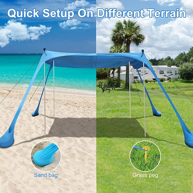 Beach Tent Sun Shelter with UPF 50  UV Protection, Beach Canopy Sun Shade 11x11 FT with Sandbags, Poles and Ground Pegs and Anti-Wind Ropes, Pop Up Tent for Camping, Backyard and Picnics