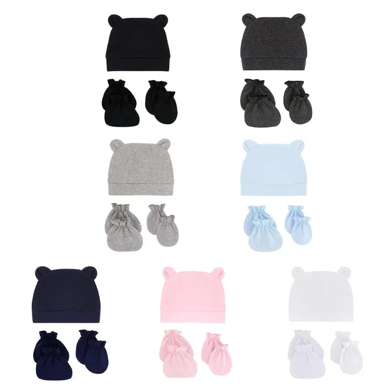 Bear Ears Infant Baby Boy Girl Toddler Hats Cute Cotton Hospital Hats Soft Infant Hat Mittens Gloves Sets