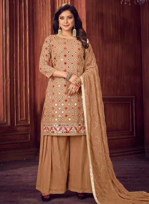 Beige Mirror Embroidered Sharara Style Suit
