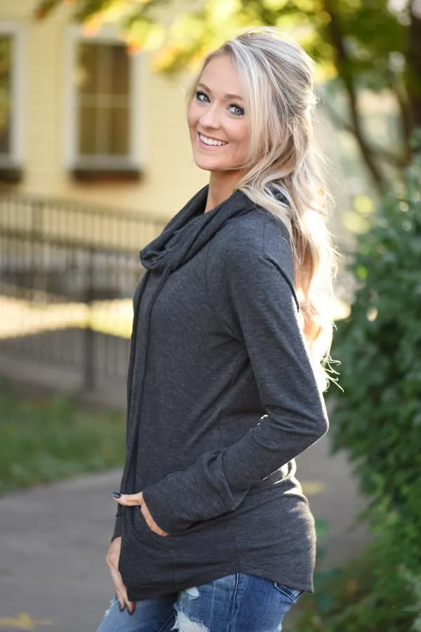 Between You & Me Cowl Neck Top - Charcoal