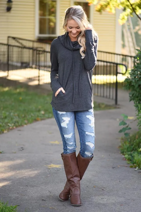 Between You & Me Cowl Neck Top - Charcoal