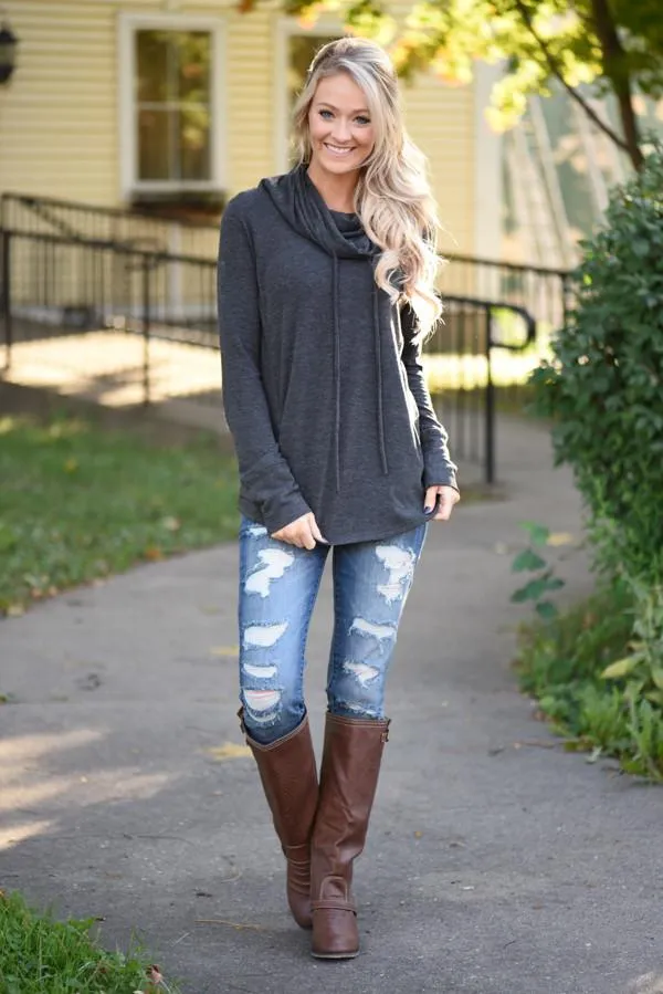 Between You & Me Cowl Neck Top - Charcoal