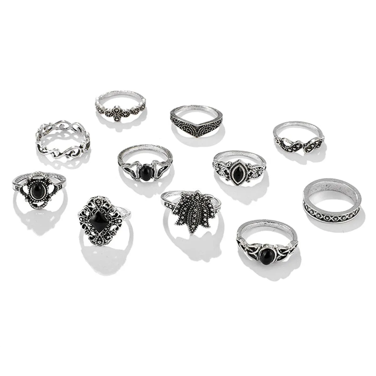 Black Resin & Silver-Plated Lotus Ring Set