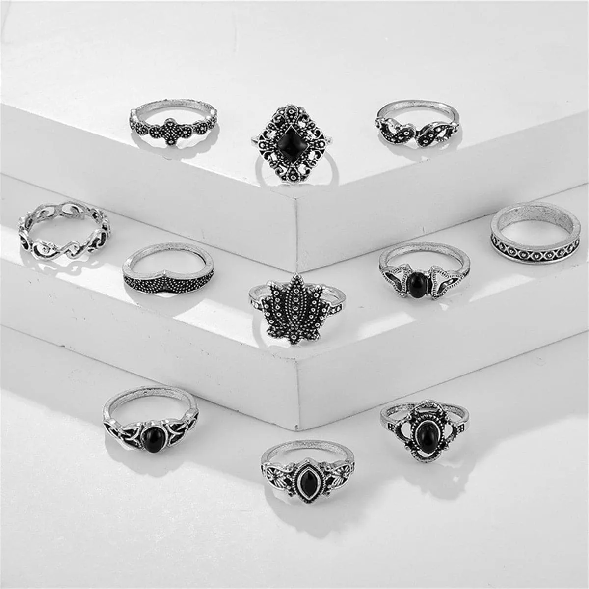 Black Resin & Silver-Plated Lotus Ring Set
