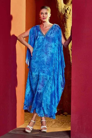 Blue Chiffon Leaf Print Kaftan