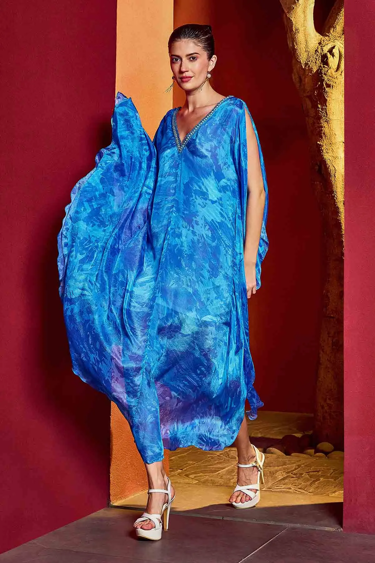 Blue Chiffon Leaf Print Kaftan