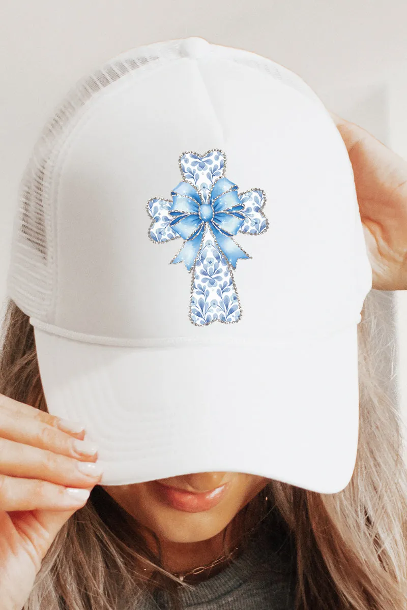 Blue Chinoiserie Cross Foam Mesh Back Trucker Cap