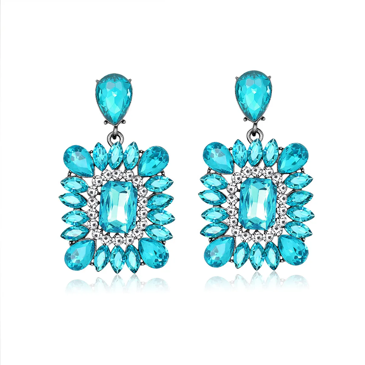 Blue Crystal & Clear Cubic Zirconia Rectangle Drop Earrings