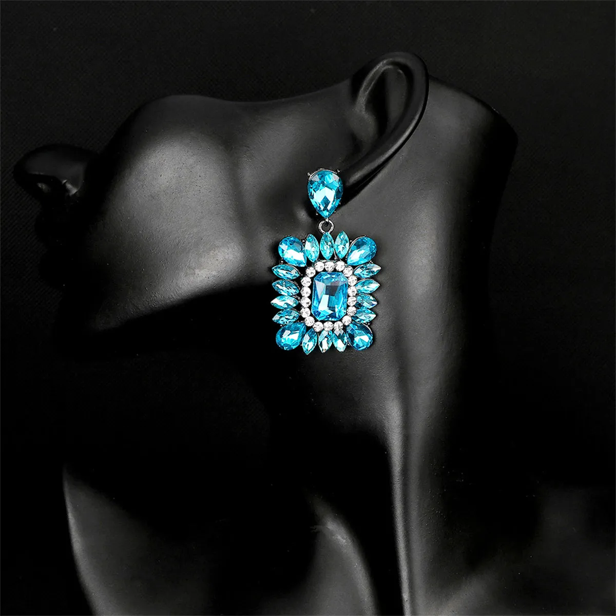Blue Crystal & Clear Cubic Zirconia Rectangle Drop Earrings