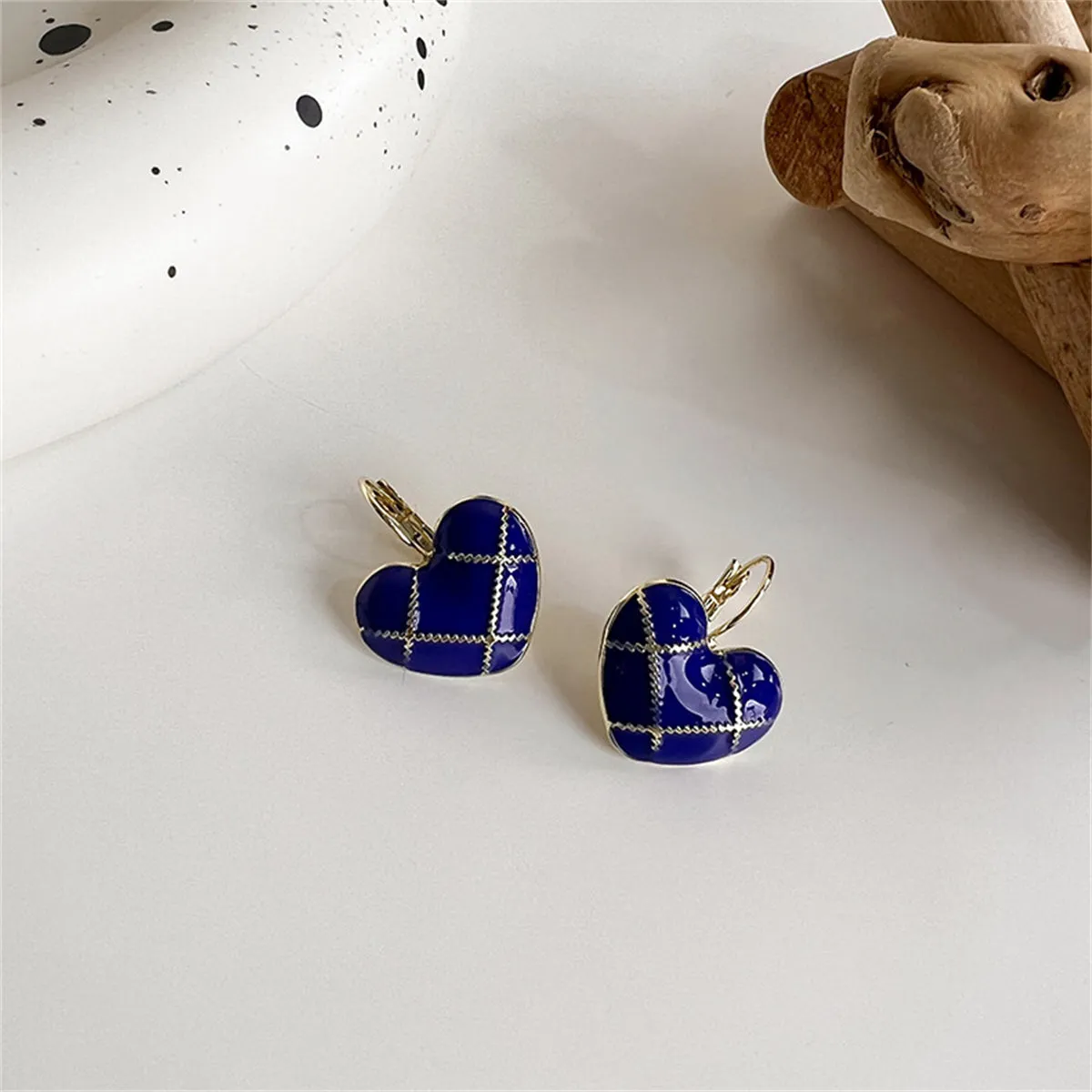 Blue Enamel & 18K Gold-Plated Lattice Heart Huggie Earrings