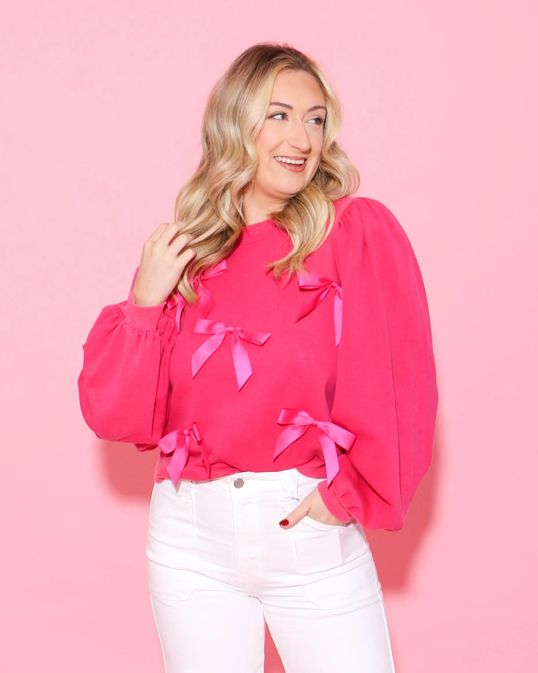 Bow Ties Patch Sweatshirt Top in Hot Pink