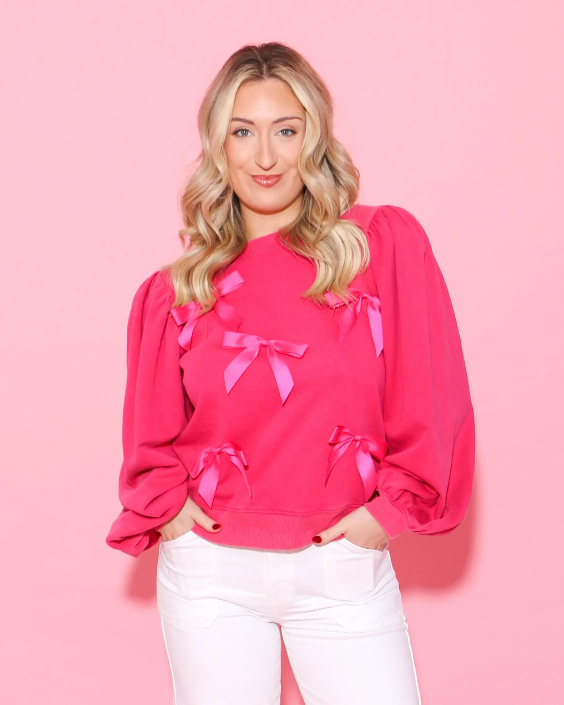 Bow Ties Patch Sweatshirt Top in Hot Pink