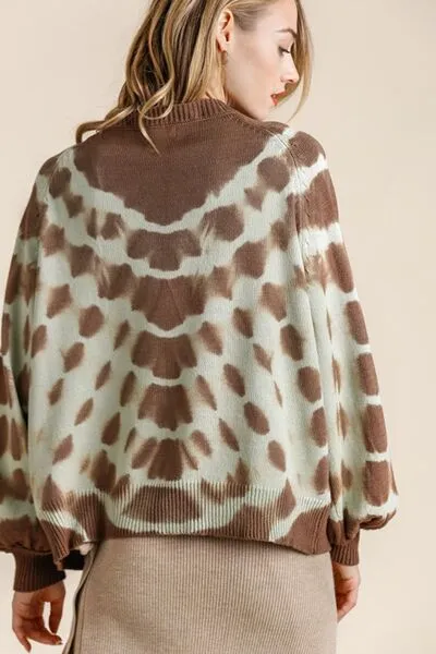 Brown Ribbed Hem Tie Dye Round Neck Sweater