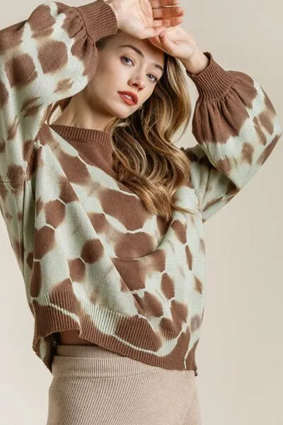 Brown Ribbed Hem Tie Dye Round Neck Sweater