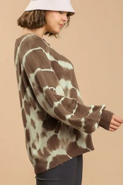 Brown Ribbed Hem Tie Dye Round Neck Sweater