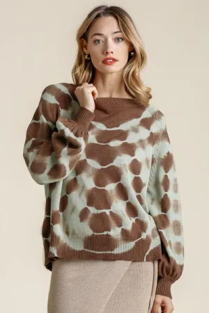 Brown Ribbed Hem Tie Dye Round Neck Sweater
